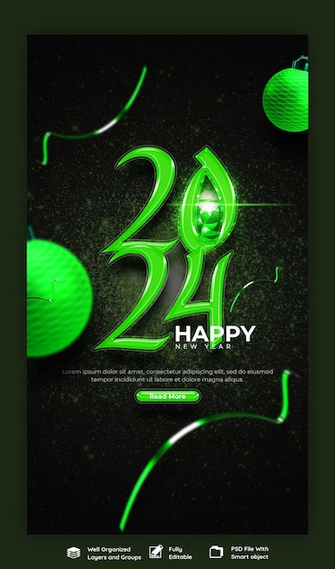 Бесплатный PSD Счастливого нового года 2024 празднование instagram и facebook история пост дизайн или шаблон баннера