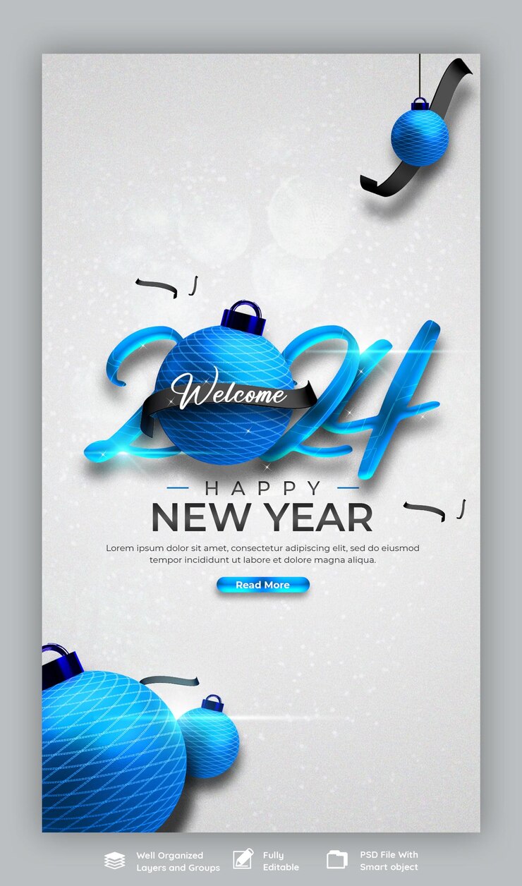 मुफ़्त PSD happy new year 2024 celebration instagram and facebook story post design or banner template