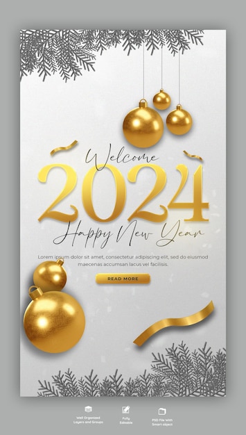 Free PSD happy new year 2024 celebration instagram and facebook story post design or banner template