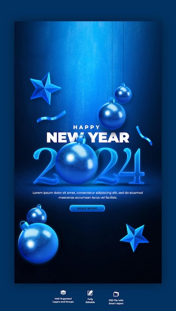 Free PSD happy new year 2024 celebration instagram and facebook story post design or banner template