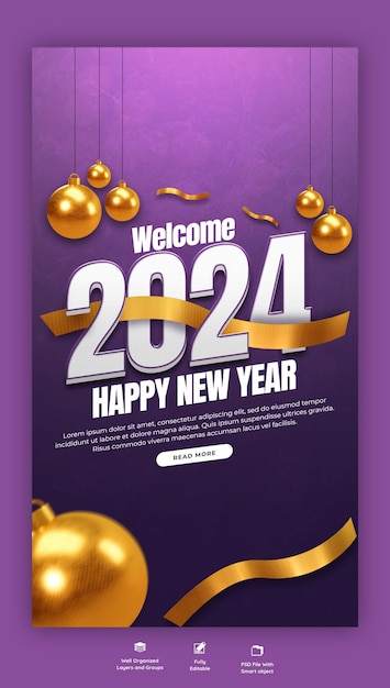 Free PSD happy new year 2024 celebration instagram and facebook story post design or banner template