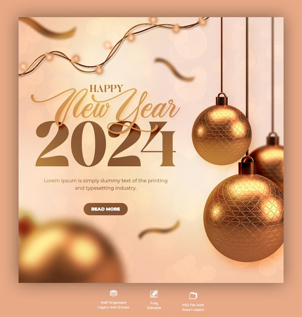 Free PSD happy new year 2024 celebration social media post design or banner template