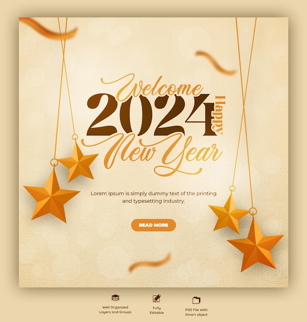 Happy new year 2024 celebration social media post design or banner template