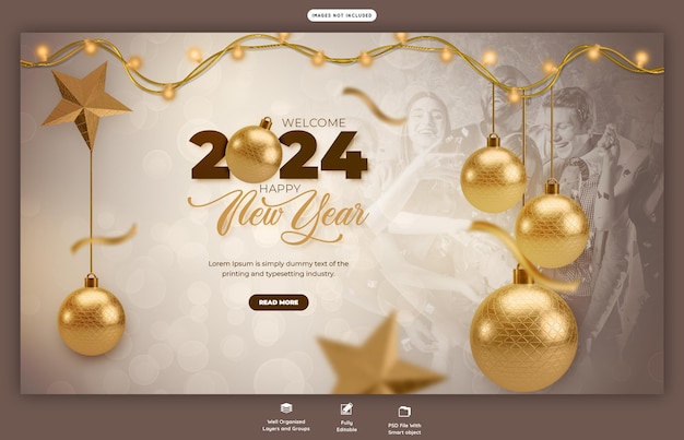 Бесплатный PSD Шаблон дизайна веб-баннера празднования нового года 2024 года