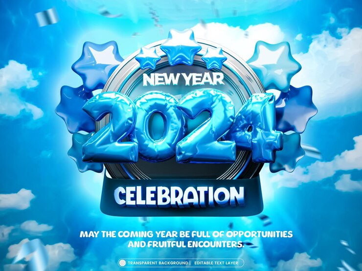 मुफ़्त PSD happy new year 2024 foil balloon 3d render template