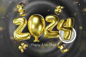 Free PSD happy new year 2024 gold balloons with ribbons 3d illustration