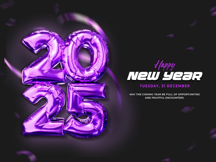 मुफ़्त PSD happy new year 2025 foil balloons 3d banner design template