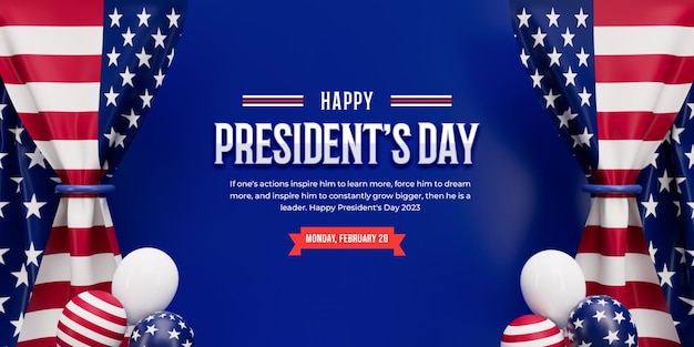 Happy presidents day of america 3d banner design with realistic flag