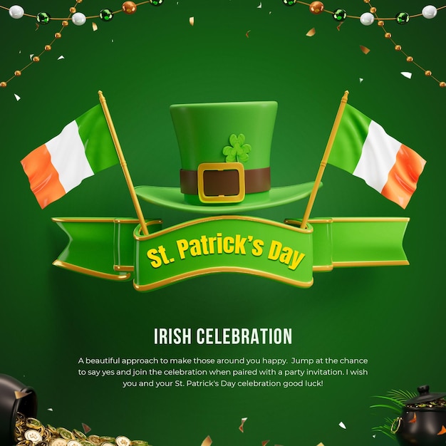 Free PSD happy saint patrick's day celebration 3d social media post design template