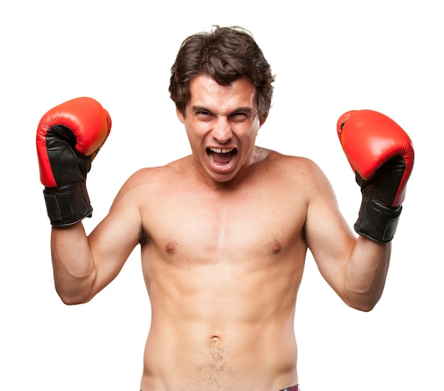 Free PSD happy sportsman with boxing gloves