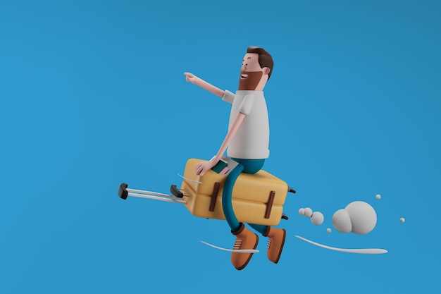 격리 된 배경 여행 및 휴가 개념 3d 그림 만화 캐릭터에 수하물을 타고 행복 여행자 남자