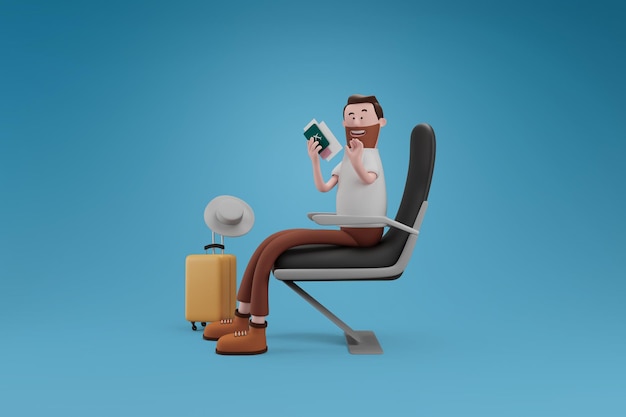 孤立した背景に空港の座席に座っている間、帽子と荷物保持パスポートを持つ幸せな旅行者の男旅行と休暇の概念3dイラスト漫画のキャラクター