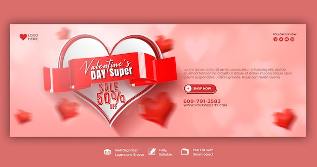Бесплатный PSD С днем святого валентина распродажа со скидкой на обложку facebook и шаблон поста в социальных сетях