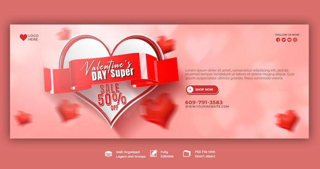 Happy Valentine's Day discount sale Facebook cover and social media post template