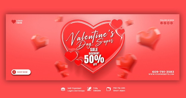 Free PSD happy valentine's day discount sale facebook cover and social media post template
