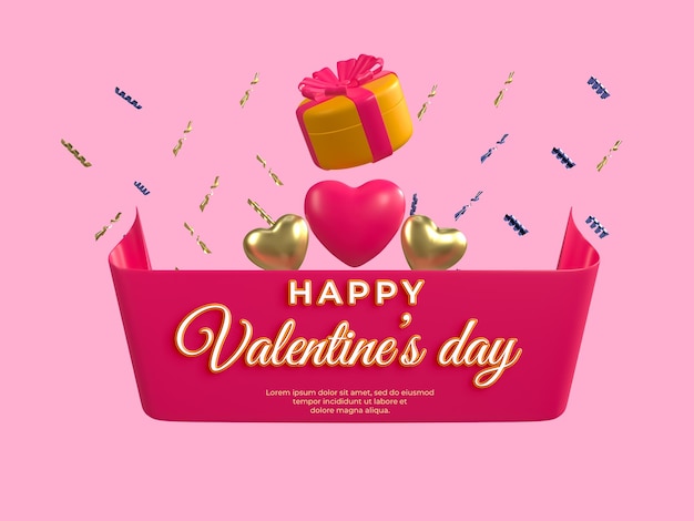 Free PSD happy valentine's day with 3d hearts gift box and valentine decorations