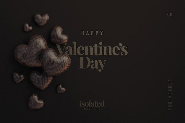 Happy valentines day background mockup with wooden decorative love hearts top view