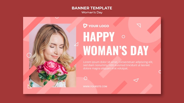 Happy woman's day banner template with woman holding bouquet of roses