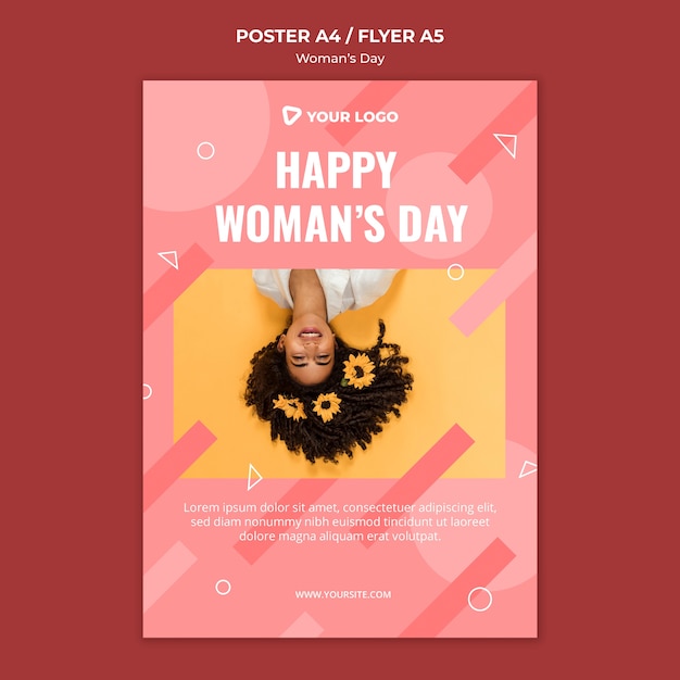Happy woman's day poster template with woman with flowers in her hair