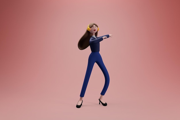 音楽を聴いて、孤立した背景で踊るヘッドフォンを身に着けている幸せな女性3dイラスト漫画のキャラクター