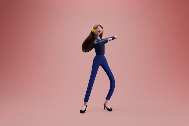 헤드폰을 끼고 음악을 듣고 격리된 배경 3d 그림에서 춤을 추는 행복한 여자 만화 캐릭터
