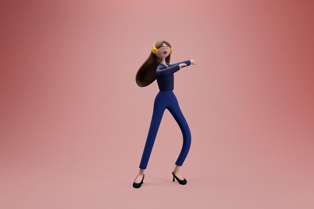 happy woman wearing headphones listening to music and dancing on isolated background 3d illustration cartoon characters