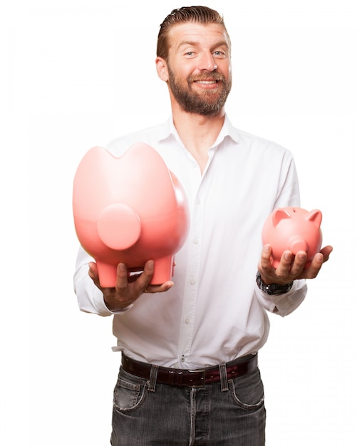 Happy worker with two piggy banks