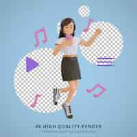 Free PSD happy young woman hearing music 3d character illustration