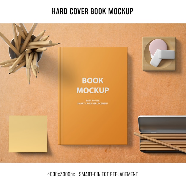 Hard cover book mockup with sticky note