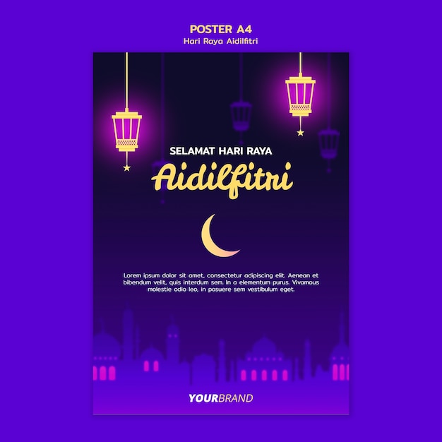 Hari raya aidilfitri poster template with lanterns and moon