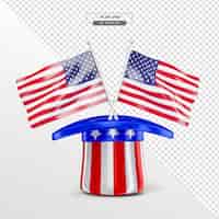 Free PSD hat and flag in 3d render american independence day