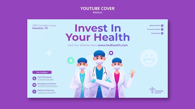 PSD gratuito modello di copertina di youtube per il check-up e l'assistenza sanitaria