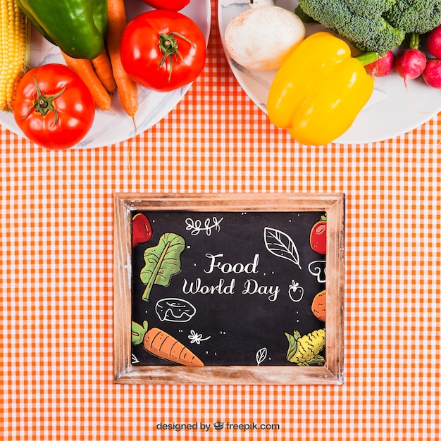 Healthy food on plates mockup with slate