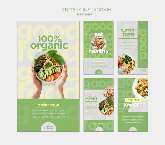 PSD gratuito raccolta di storie di instagram ristorante cibo sano