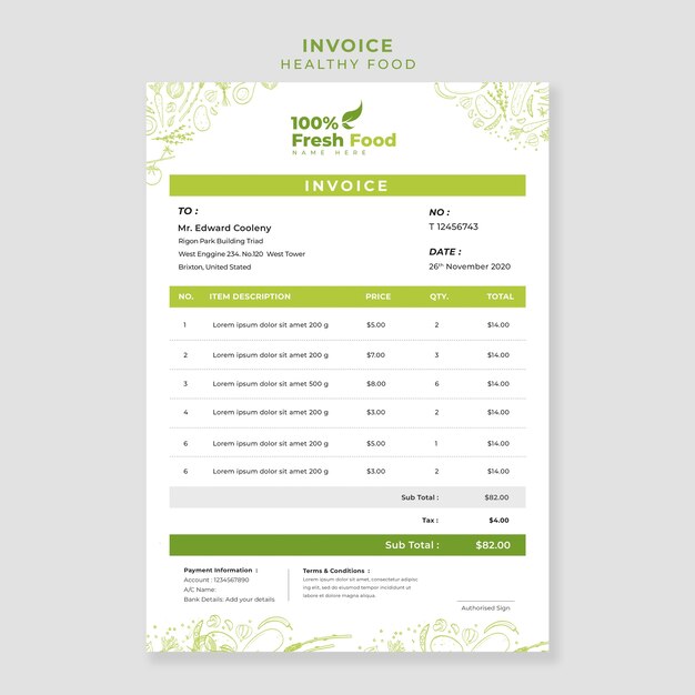 Healthy food restaurant invoice template