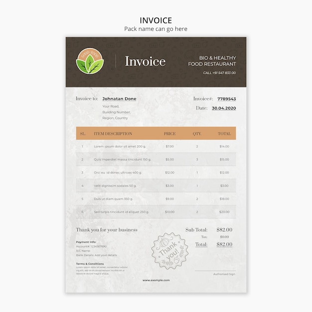 무료 PSD 건강에 좋은 음식 식당 invoive 템플릿