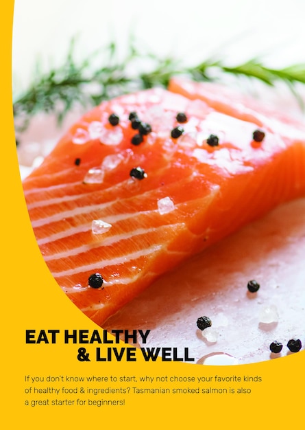 Free PSD healthy food template psd with fresh salmon marketing lifestyle poster in abstract memphis design