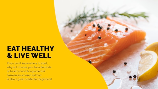Healthy food template psd with fresh salmon marketing lifestyle presentation in abstract memphis design