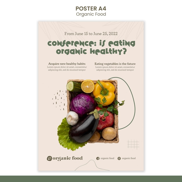 PSD gratuito modello di poster verticale di cibo coltivato in casa sano con forme organiche