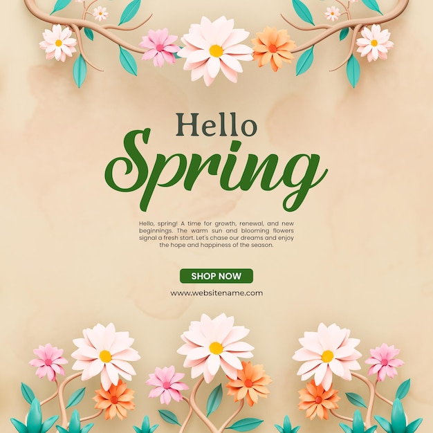 Бесплатный PSD hello spring 3d пост шаблон с цветущими цветами