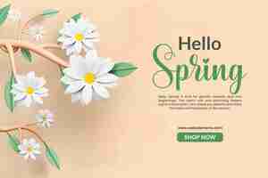 Free PSD hello spring banner template with daisy flower