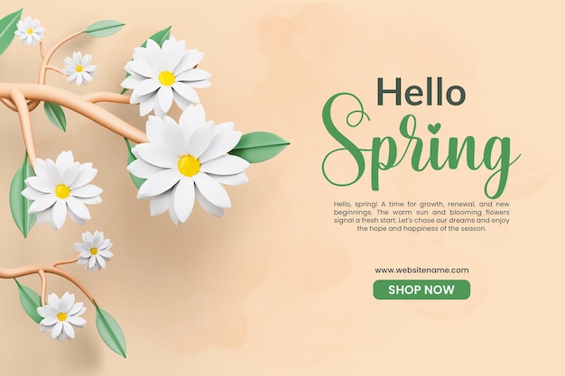 Hello spring banner template with daisy flower