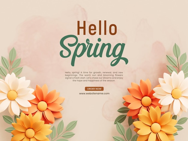 PSD gratuito ciao primavera modello di banner design cornice floreale