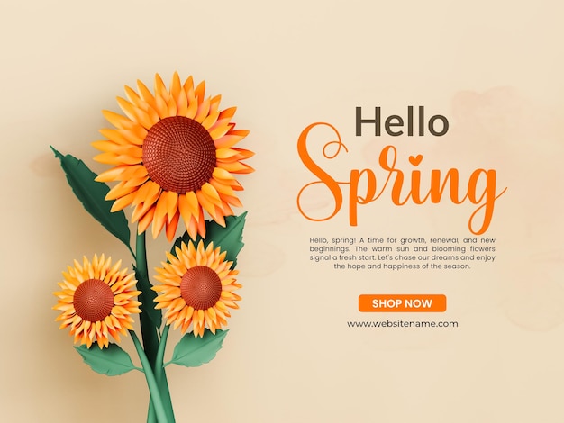 Бесплатный PSD hello spring приветствие шаблон баннера с подсолнухом