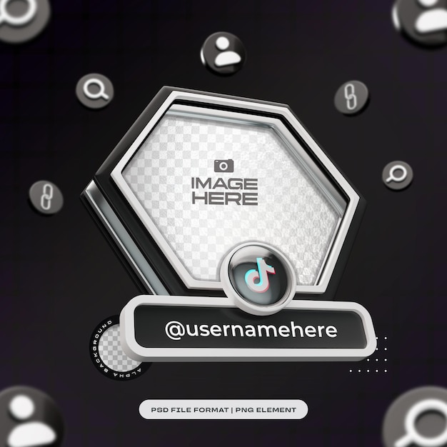 Free PSD hexagon social media profile 3d frame for tiktok isolated 3d render