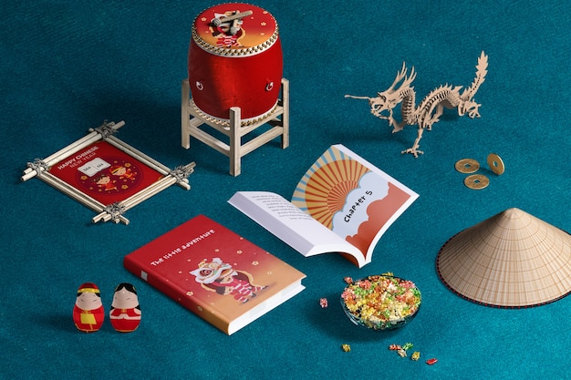 High view chinese new year decoration and books