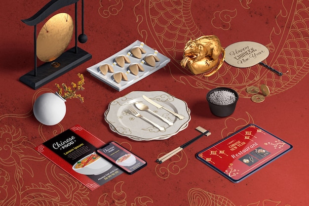 High view cutlery and fortune cookies for chinese new year