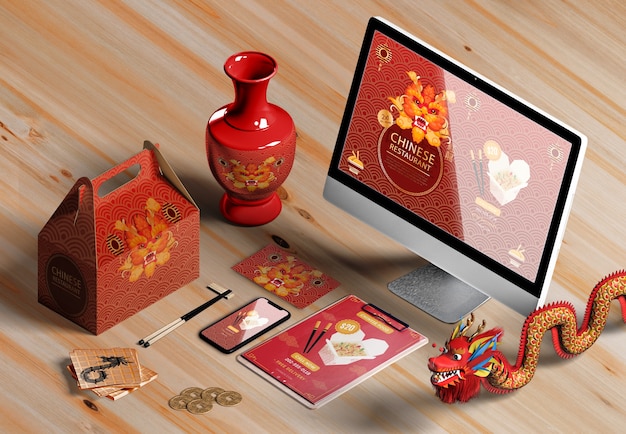 High view digital devices and gifts for chinese new year