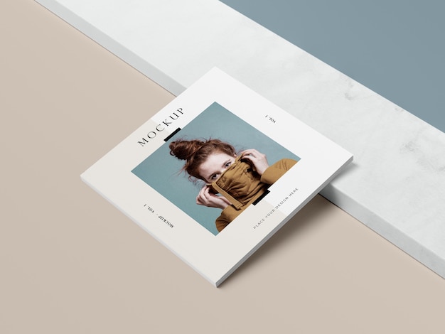 High view square book with woman and shadow editorial magazine mock-up