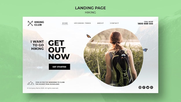 Free PSD hiking concept with girl landing page